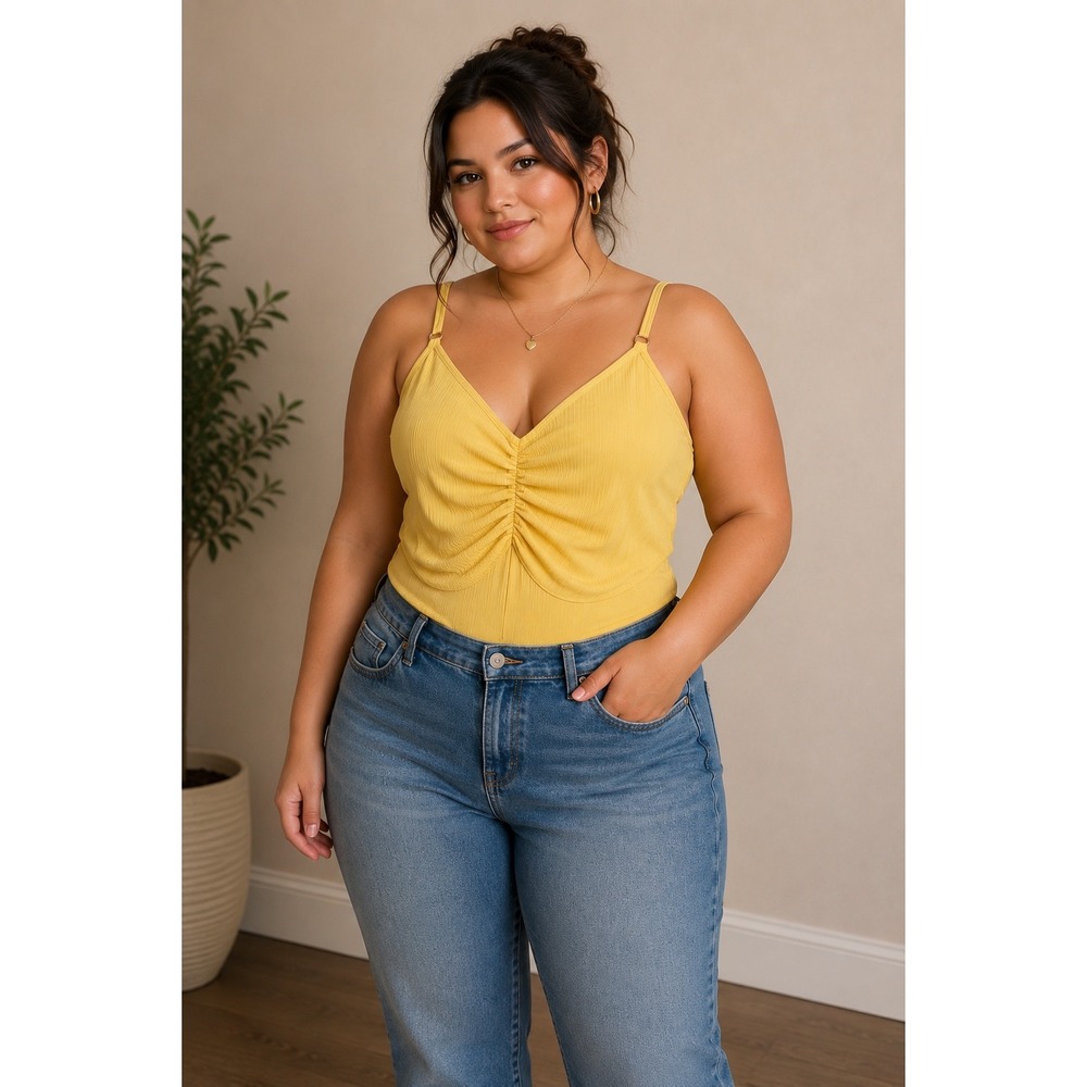 Rouge‎ Collection Bodysuit Womens 2X Yellow Excellent Ruched Ribbed V-Neck